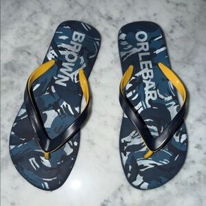 Orlebar Brown Camouflage Flip Flops in Blue and Yellow